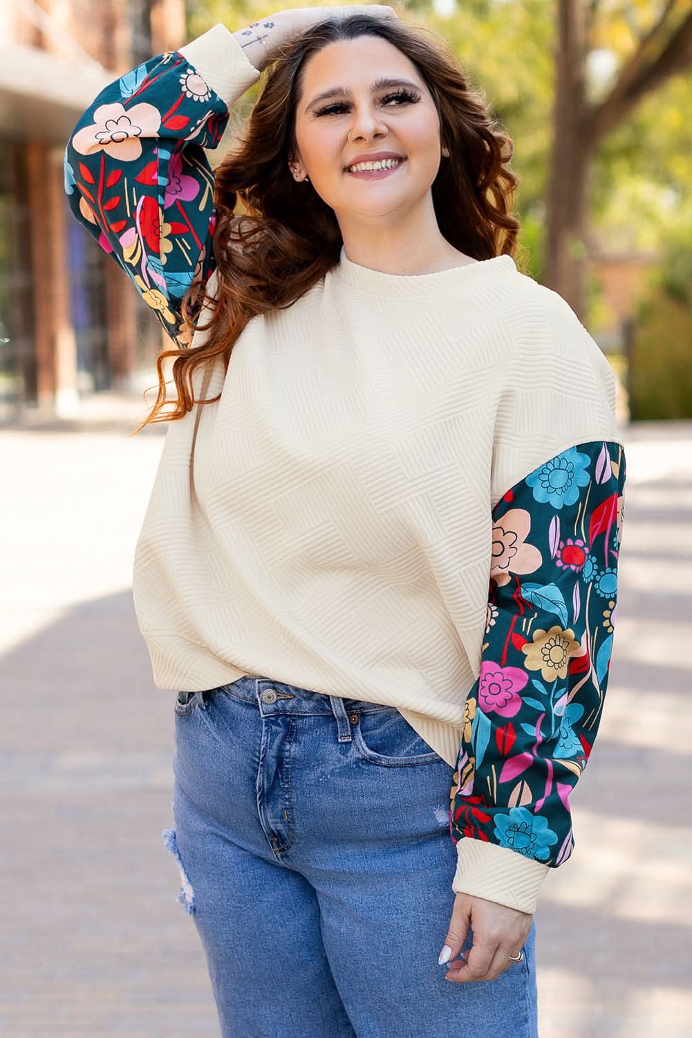 White Floral Patchwork Sleeve Textured Plus Size Pullover Top - Love Salve
